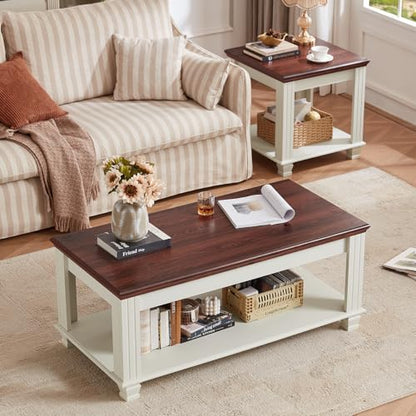 Farmhouse Coffee Table Set of 3, White | Rustic Wood 3 Piece Coffee and End Table Sets with Open Shelf for Living Room - color: White
