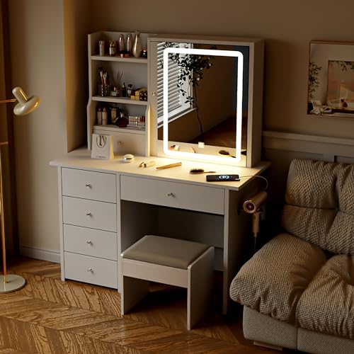 Vanity Desk with Mirror and LED Lights, Makeup Vanity Set with Power Outlet, and Stool,Jewelry Storage,White Vanity Desk for Bedroom - style: White