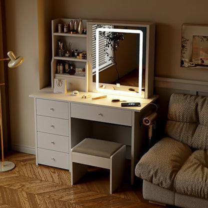 Vanity Desk with Mirror and LED Lights, Makeup Vanity Set with Power Outlet, and Stool,Jewelry Storage,White Vanity Desk for Bedroom - style: White