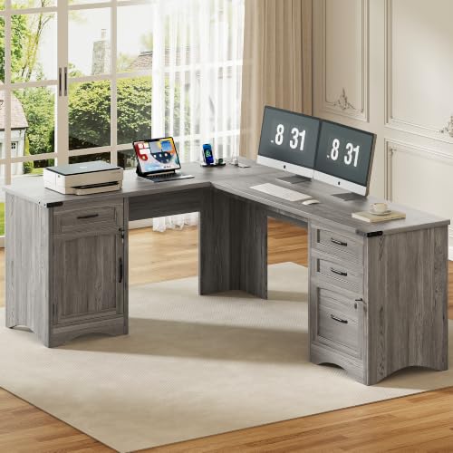 Decofy 67" L-Shaped Standing Desk, File Cabinet & Charging Station, Grey | Four Drawers, File Cabinet, Farmhouse Corner Desk, Wood Workstation, Grey Finish, For Home Office, Study and Writing - color: Grey