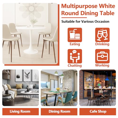 HRVEOCEI 31.5" Tulip Table, Small Round Dining Table with Thickened Tabletop & Metal Pedestal, Bistro Tables for Small Spaces Kitchen Dining Room Living Room (White) - color: White