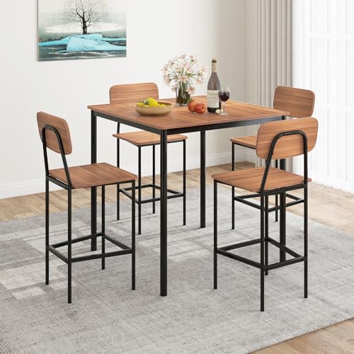 Giantex 5-Piece Dining Table Set W/Counter Height Table & 4 Bar Stools, Industrial Kitchen Dining Table Set W/Footrest & Backrest, Space-Saving Dinette Set for Pub, Dining Room, Restaurant (Teak) - color: Teak