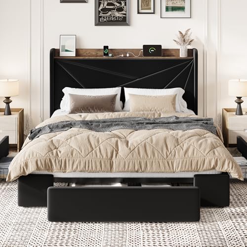 SHA CERLIN Queen Bed Frame, Storage Headboard with Drawers, Charging, Black | Velvet Upholstered Bed, Modern Wingback Headboard, 3 Drawers, USB Charging Station, No Box Spring Needed, Easy Assembly - color: Black, size: Queen