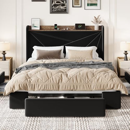 SHA CERLIN Full Bed Frame, Storage Headboard with Drawers, Charging, Black | Velvet Upholstered Bed, Modern Wingback Headboard, 3 Drawers, USB Charging Station, No Box Spring Needed, Easy Assembly - color: Black, size: Full