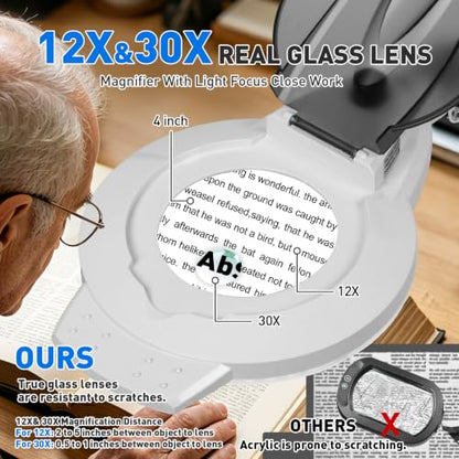 KIRKAS LED Magnifying Lamp with Clamp, 2,200 Lumens Dimmable 28in 12X 30X | Magnifying Glass with Light for Repair Reading Craft Needlework Workbench Magnifier Dust Cover Adjust Swivel Arm - color: White 28in Magni-attach