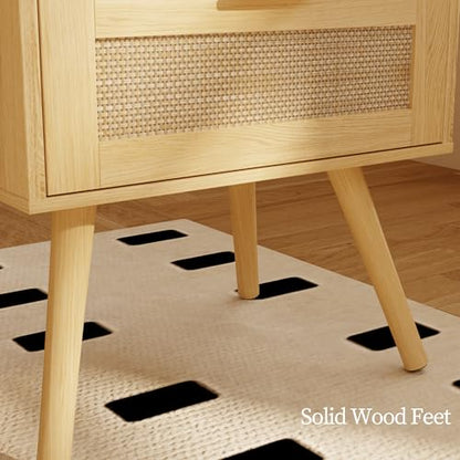 Rattan Nightstand with Charging Station,Farmhouse Bedside Table with 2 Storage Drawer and Open Wood Shelf, for Bedroom and Small Spaces,Night Stand with Solid Wood Legs (Yellow Oak-Outlet) - color: Yellow Oak-outlet