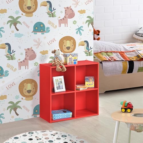 Kings Brand Furniture George 4-Cube Storage Organizer, 2-Tier Bookcase with Wood Shelves for Living Room, Bedroom, Nursery, or Home Office (Red) - color: Red