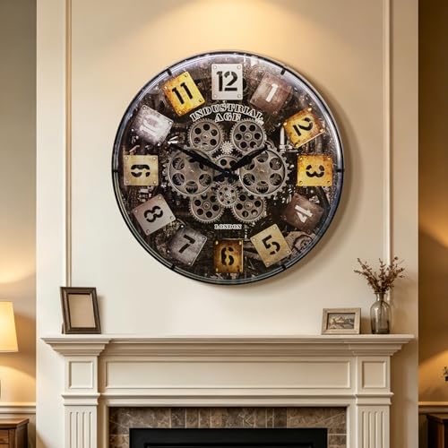22in Large Wall Clock with Exposed Gears, Silent Arabic Numeral | Non-ticking vintage industrial metal frame clock, moving gears, battery operated, decor for living room