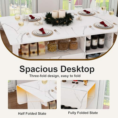 KEIKI 47 Inch Foldable Dining Table, Multi-Functional Folding Table with Storage Shelves and Wheels, Drop Leaf Extendable Dining Desk, Versatile Foldable Side Table for Kitchen, Dorm, Office, White - color: White