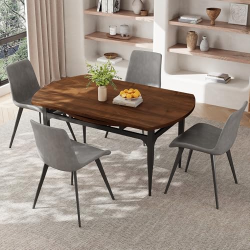 HIPIHOM 55‑Inch Extendable Dining Table Set with 4 Upholstered Chairs and Metal Frame for Dining Room - color: Walnut/Grey-c