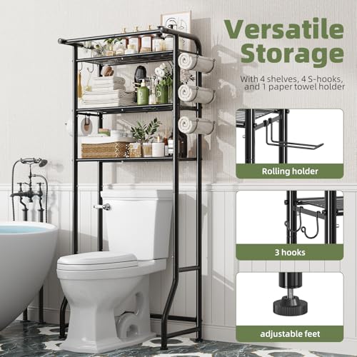 Simple Trending Over The Toilet Storage Cabinet, Metal Bathroom Shelf Organizer with Paper Holder and Hooks, 3 Tier, Black - color: Black With Towel Rack