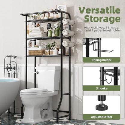 Simple Trending Over The Toilet Storage Cabinet, Metal Bathroom Shelf Organizer with Paper Holder and Hooks, 3 Tier, Black - color: Black With Towel Rack