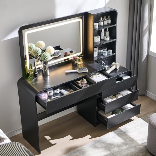 Aitjunz Vanity Desk with Mirror and Lights, 50” Modren Makeup Vanity with 35.43" Mirror and 5 Drawers, Makeup Table with Charging Station for Women and Girls, Bedroom (Black) - color: Black