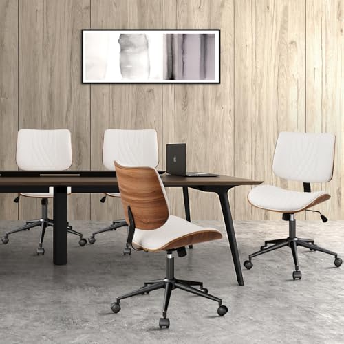 CLATINA Armless Home Office Chair, Desk Chair with Wheels, Adjustable Height Reading Chairs, Leather Mid Back & Swivel Computer Chairs, Modern Walnut with Back for Study Meeting Room(White) 2Pack - color: White Diamond-a, size: 2 Pack