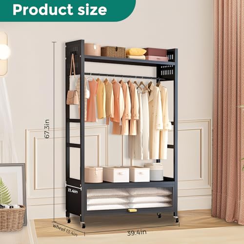 Heavy Duty Clothes Rack with Frosted Storage Cabinet, 520 Lbs Load Capacity Rolling Garment Rack with 360° Lockable Wheels, 4 Hooks & Top Shelf, Modern Metal Closet Organizer for Bedroom, White