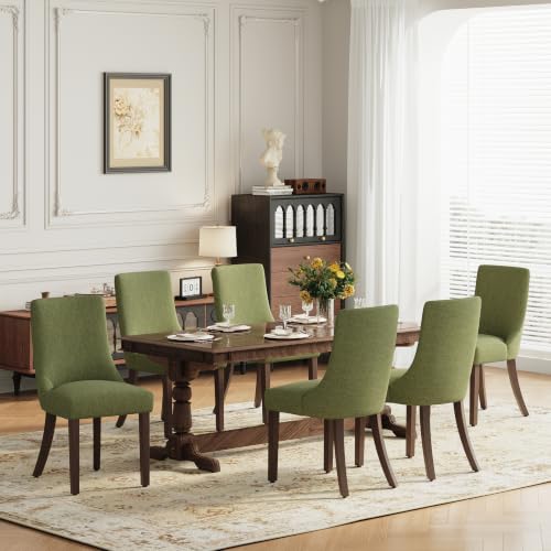 MALOL Wooden Dining Chairs Set of 6, Upholstered Kitchen & Dining Room Chairs with Solid Wood Legs Curved Backrest Farmhouse Accent Chair for Dining/Kitchen/Living Room, Green - color: Green, size: Set of 6