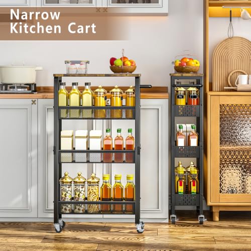 Slim Storage Cart with Wheels, 4 Tier Metal Rolling Organizer with Wood Top and Handle, Narrow Utility Shelf for Kitchen Bathroom Laundry Room, Black - color: Black-7.1inch