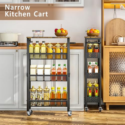 Slim Storage Cart with Wheels, 4 Tier Metal Rolling Organizer with Wood Top and Handle, Narrow Utility Shelf for Kitchen Bathroom Laundry Room, Black - color: Black-7.1inch