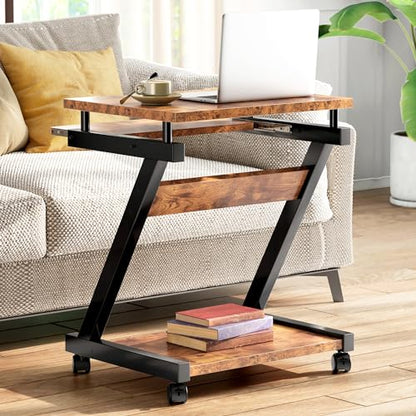 sogesfurniture Small Mobile Computer Desk with Keyboard Tray | Z-Shaped Compact Study Table, Rolling Workstation for Home and Office with Printer Shelf, Keyboard Drawers, Rustic Brown - color: Rustic Brown
