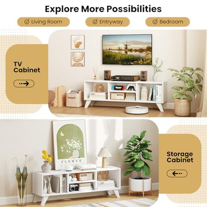 GIANTEX White TV Stand for TVs up to 55", 4-Cubby Modern Entertainment Center with Open Storage Shelves, Wood Media Console Table for Living Room, Bedroom