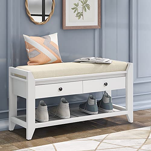 LUMISOL Storage Bench, Shoe Rack with Upholstered Seat and 2 Drawers, Solid Wood Entryway Storage Bench with Shoe Rack for Entryway, Living Room, Bedroom, White - color: White, size: 39"L x 14"W x 19.8"H