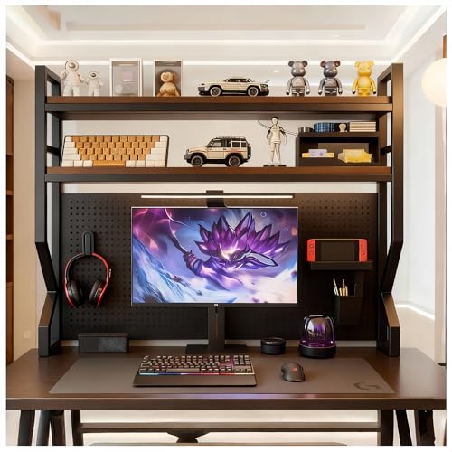 Desktop Hutch Bookshelf,Many Gifts,Metal Desktop Bookcase with pegboard, Desk Shelf, Countertop Storage Organizer Rack for Dorm or Office,Desktop Shelves (Natural+Black, 29.5" Lx9.9 Wx39 H) - color: Natural+black, size: 29.5" Lx9.9 Wx39 H