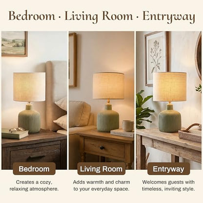 Ceramic Table Lamp, Oliver Green, 17.75" | Beige Linen Shade, Warm Ambient Lighting, Bedside Nightstand, Natural - color: Green