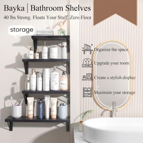 BAYKA Wall Mounted Floating Bathroom Shelves, Wood Wall Shelf for Bathroom Essentials & Decor, Space-Saving Display & Organizer (Black, Set of 4) - color: A. Black Board & Black Brackets, size: 16-inch
