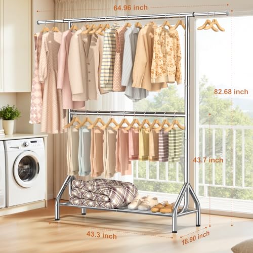 Double Rod Clothing Rack Load 622 LBS, Heavy Duty Clothes Rack for Hanging Clothes, 82.68 inch High Garment Rack with Sotrage Shelves, Metal Clothing Hanger Closet Wardrobe Organizer (Silver) - color: Silver
