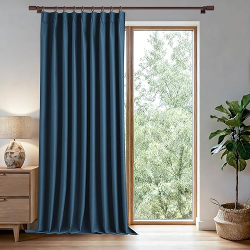Denim Blue Linen 100% Blackout Curtains 96 Inches Long Room Darkening Pinch Pleated Drapes with Hooks Thermal Insulated for Bedroom 1 Panel 60" Wx96 L - color: Denim Blue, size: 60"W x 96"L (Pack of 1)