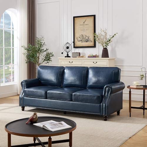 Mid-Century Modern Couch, Faux Leather Sofa, 3 Seater Couch for Living Room with Rolled arms & Nailhead Trim, Blue - color: Blue, size: PU Standard- New Type