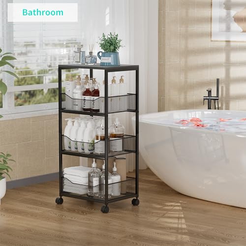 HapiRm Fruit Basket Kitchen Cart - 4-Tier Rolling Storage Cart with Wheels, Fruit Vegetable Basket with Wood Top, Pantry Utility Kitchen Organizer for Fruit Potato Onion Vegetable Bread Snack - color: Grey