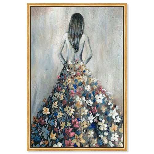 Oliver Gal Girl with Flower Thoughts Canvas Print Wall Art for Living Room, Bedroom, and Bathroom, 24" x 36", Gold Floater Frame - color: Gold Floater Frame, size: 36"L x 24"W