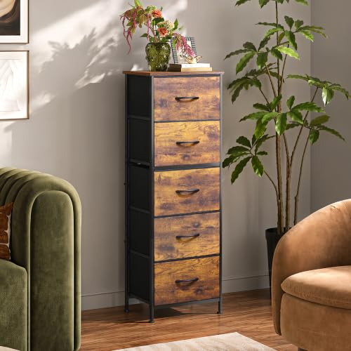WLIVE Tall Dresser for Bedroom, 5 Drawer Dresser, Rustic Brown | 5 vertical fabric drawers, Tall vertical design, Bedroom or closet use, Dresser for small spaces, Chest of drawers - color: Rustic Brown Wood Grain Print