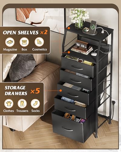 WLIVE LED Nightstand with Charging Station, Fabric Dresser with 5 Drawers for Bedroom, Tall Night Stand with Open Shelves, Bed Side Tables Living Room, Black - color: Black, size: 5 Drawers