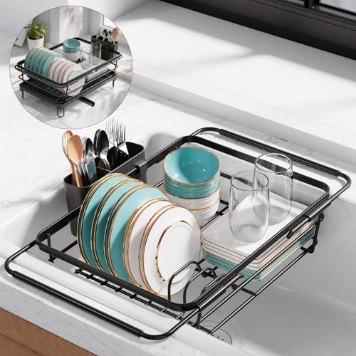 Sakugi Dish Drying Rack in Sink - Expandable Stainless Steel Dish Rack Over The Sink, Kitchen Sink Drain Strainer with Cutlery Holder & Cup Holders, 15.2 x 10.0 x 4.2 Inch, Black - color: Black, size: With Drainboard - 15.2" x 10" x 4.2"