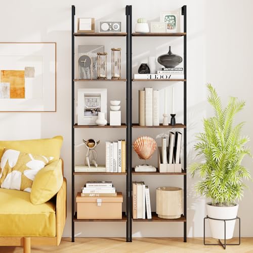 Tangkula 5-Tier Ladder Shelf, 70 Inch Wall-Mounted Open Bookshelf with Anti-Tipping Kits, Metal Frame, Industrial Display Rack Storage Vertical Bookcase for Living Room Home Office (2, Rustic Brown)