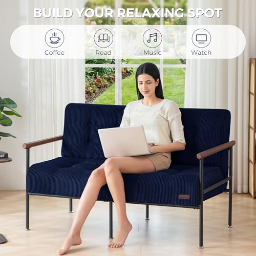 MAXYOYO Loveseat Sofa Chair, Love Seat, Sturdy Metal Frame, Wood Armrests | Button-Tufted Upholstery, Cozy Two-Person Seating for Modern Small Couches in Living Rooms, Bedrooms or Offices, Navy - color: Navy