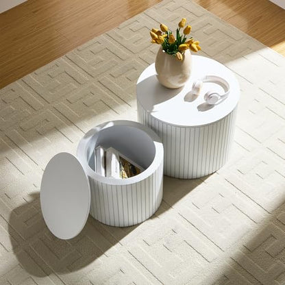 Round Nesting Coffee Table Set of 2, Wood Side Tables with Storage | Fluted Walnut Accent and End Tables Sets, Mid Century Modern, for Living room, bedroom, office, small spaces, White - color: 19.17" White With Storage