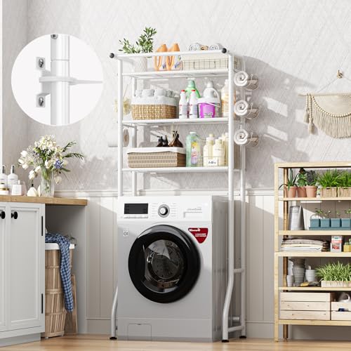 Simple Trending 3 Tier Over The Toilet Storage Rack, Metal Bathroom Shelf, Bathroom Stand Organizer Space Saver with Paper Holder and Hooks, White - color: White With Towel Rack