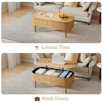 Fluted Lift Top Coffee Table with Hidden Storage, Oval Coffee Table with Lifting Top, Mid Century Modern Design for Living Room, Office & Small Spaces, Natural - color: Natural