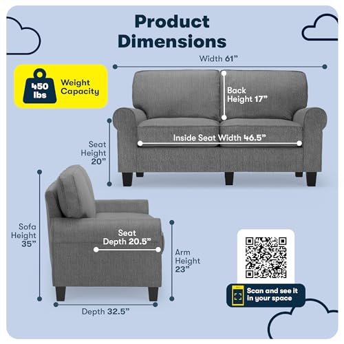 Serta Copenhagen Small Loveseat Sofa, 61 Inch Couch with Rolled Arms, Pocket Coil Seat Cushions, Removable Covers, Easy Care Polyester Upholstery for Living Room, Bedroom or Office, Dark Gray - color: Dark Gray, size: 61" Loveseat