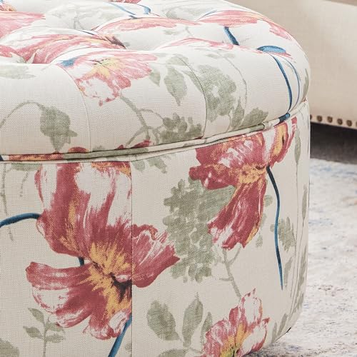 HUIMO 30-Inch Round Storage Ottoman, Button Tufted Coffee Table(Red Flower) | Ottoman Coffee Table with Removable Top, Upholstered Ottoman with Storage, Footrest Stool for Living Room, Bedroom and Office - color: Red Flower