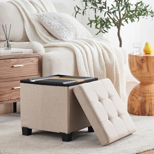 Ornavo Home 15" Square Folding Storage Ottoman Cube with Legs, Beige | Small Linen Storage Ottoman; Fits Compact Spaces; Ideal for Bedroom or Living Room