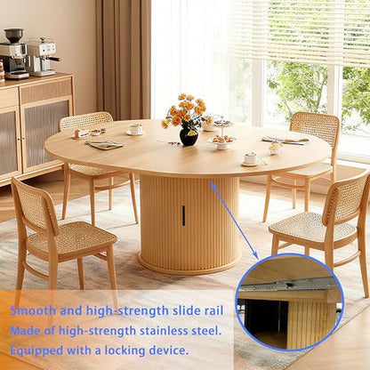 Wildhome Extendable Round Dining Table for 2-4-6, 59 Inch Dining Room Kitchen Table with 2-Tier Storage Shelf, Modern Farmhouse Fluted Wood Slide Door Dinner Furniture,Oval Circle,Oak - color: Oak-59 Inch