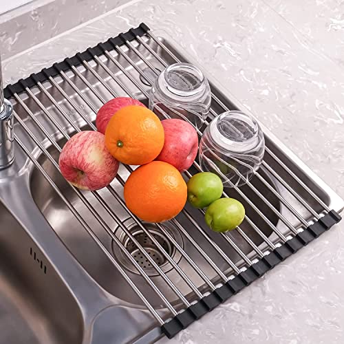 Seropy Roll Up Dish Drying Rack Over the Sink Drying Rack for Kitchen, Folding Dish Rack Over Sink Mat, Stainless Steel Dish Drainer Rack Kitchen Organizer Accessories Black 17"x11.8" - color: Black, size: 17 x 11.8 in