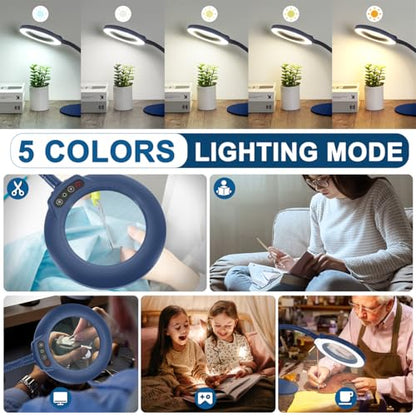 IVMAIE 12X Magnifying Glass with Light, Real Glass Lens, 5 Color Modes Dimmable, Flexible Gooseneck Lighted Magnifier with Stand, LED Desk Lamp Hands Free for Crafts Painting Reading Close Work, Blue - color: Blue
