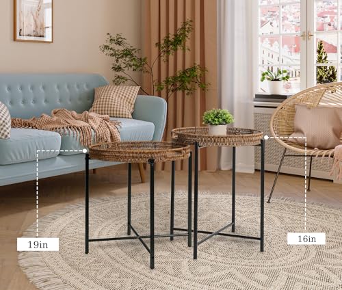 DINGTAI Brown Small Round End Table, 19in Rattan End Tables, Wicker Rattan Side Table, Round Sofa Side Table, Indoor Outdoor Side Tables for Patio, Living Room Bedroom Office