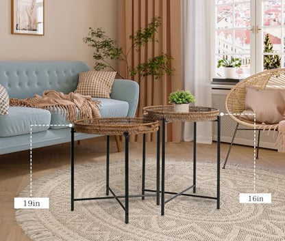DINGTAI Brown Small Round End Table, 19in Rattan End Tables, Wicker Rattan Side Table, Round Sofa Side Table, Indoor Outdoor Side Tables for Patio, Living Room Bedroom Office