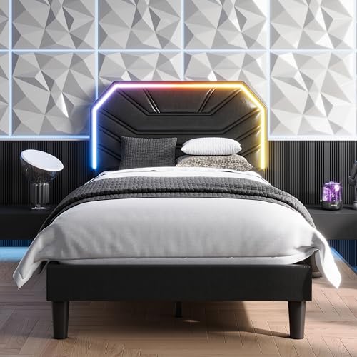 LIKIMIO Upholstered Twin Bed Frames with LED Light Headboard | Modern Cama Twin Platform Bed Frame with Heavy Duty Supports, No Box Spring Need, Noise Free, Easy Assembly, Black - color: Black, size: Twin